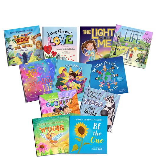 Collection of children's books by Lauren Grabois Fischer, including titles like 'Be the One,' 'Love Grows Love,' and 'The Light Within Me,' promoting kindness, mindfulness, and positivity