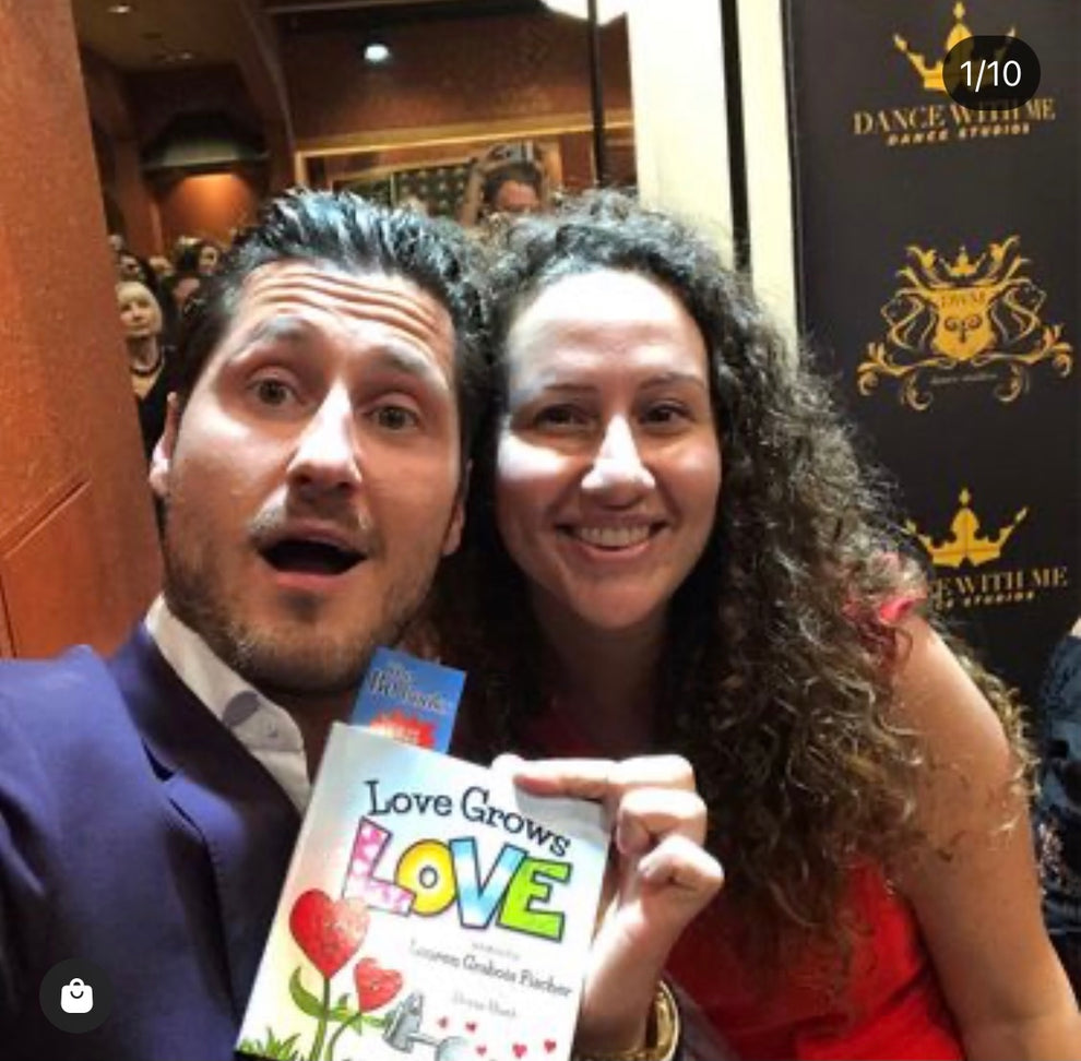 Lauren Grabois Fischer and Val Chmerkovskiy share excitement for her book 'Love Grows Love' at a 'Dance With Me' event, promoting kindness