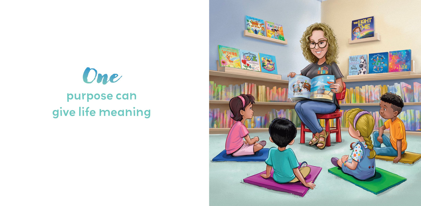 Illustration of an author reading The Be Books to children in a library, inspiring kindness, mindfulness, and learning