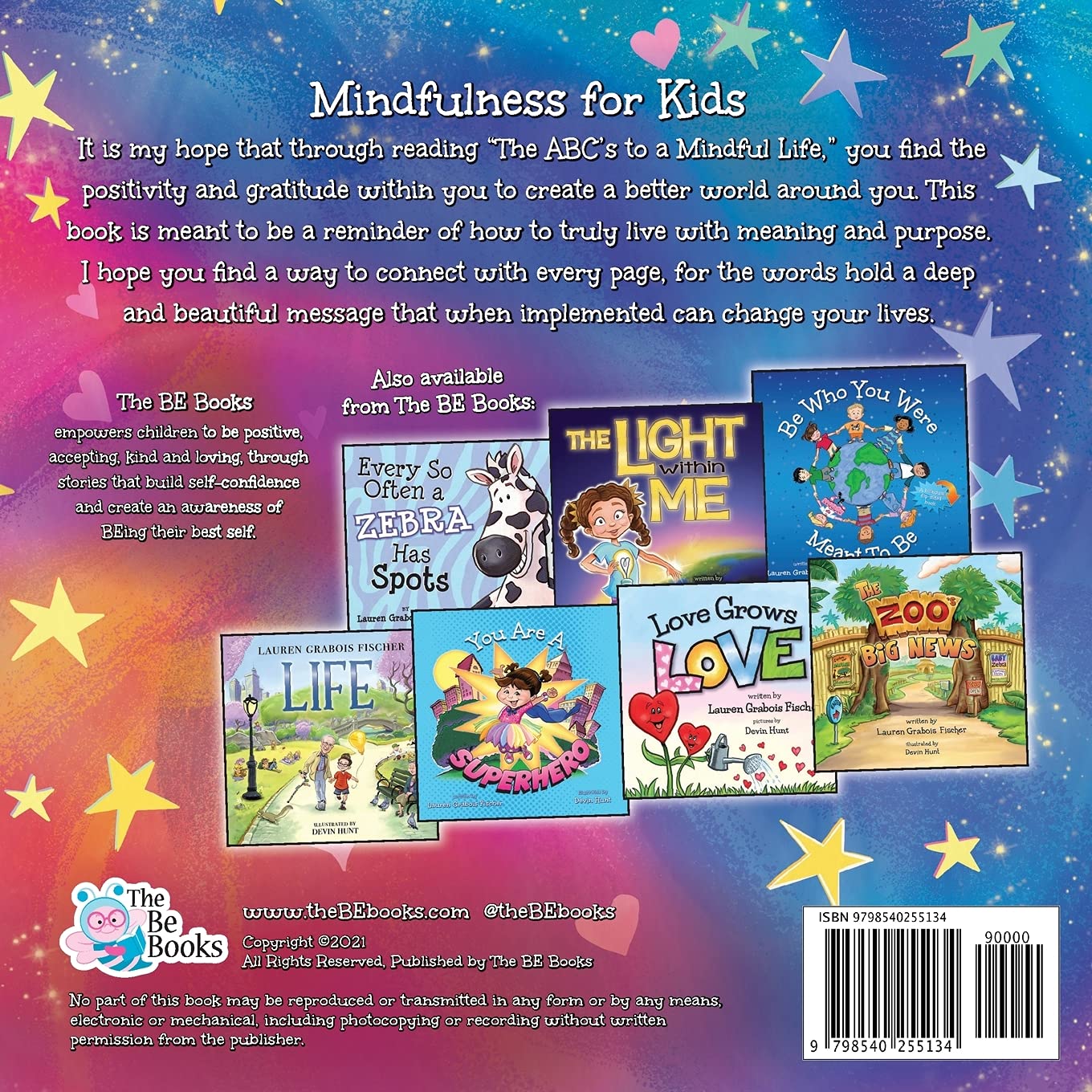 Preview pages from 'The ABC’s to a Mindful Life' by Lauren Grabois Fischer, featuring colorful designs with messages like 'Give Back to Others' and 'Never Give Up,' teaching mindfulness, kindness, and positivity to children