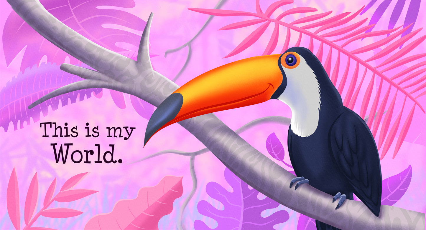 Illustrations from 'Coexist' by Lauren Grabois Fischer, featuring vibrant scenes of wildlife including elephants, toucans, leopards, and marine life, celebrating nature and environmental appreciation