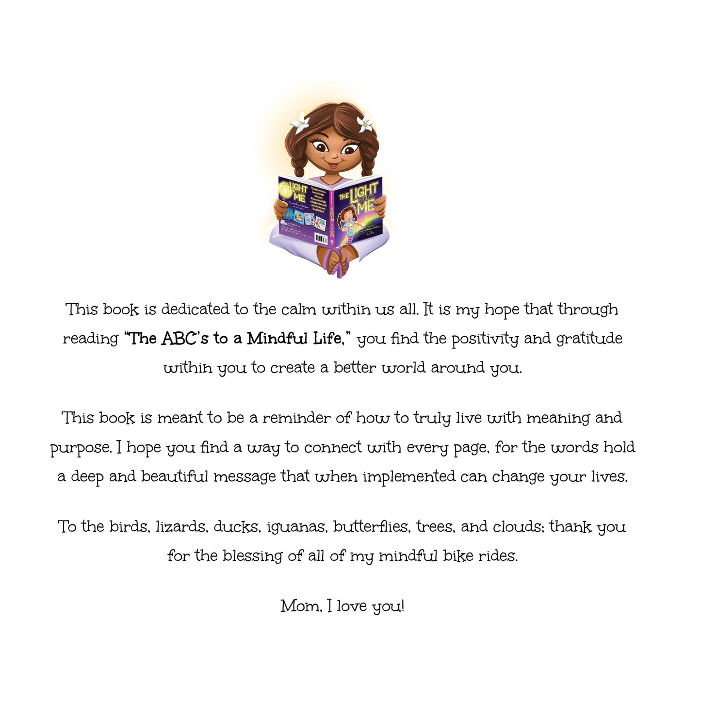 Preview pages from 'The ABC’s to a Mindful Life' by Lauren Grabois Fischer, featuring colorful designs with messages like 'Give Back to Others' and 'Never Give Up,' teaching mindfulness, kindness, and positivity to children