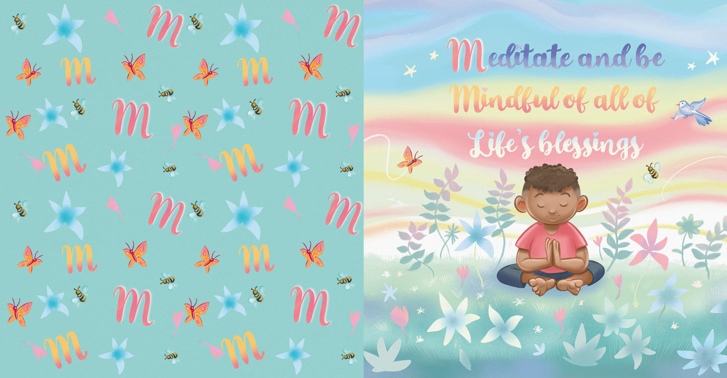 Preview pages from 'The ABC’s to a Mindful Life' by Lauren Grabois Fischer, featuring colorful designs with messages like 'Give Back to Others' and 'Never Give Up,' teaching mindfulness, kindness, and positivity to children