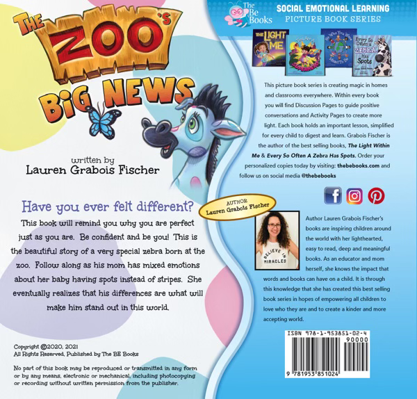 Preview page from 'The Zoo's Big News' by Lauren Grabois Fischer, featuring colorful illustrations of zoo animals like zebras, parrots, and elephants, promoting teamwork, communication, and friendship through a captivating story