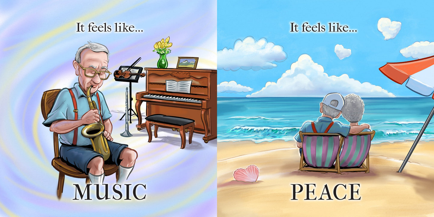 Preview pages from 'Life' by Lauren Grabois Fischer, featuring heartfelt illustrations of family moments, an elderly man reflecting, and children enjoying the beach, celebrating the beauty and value of life's experiences