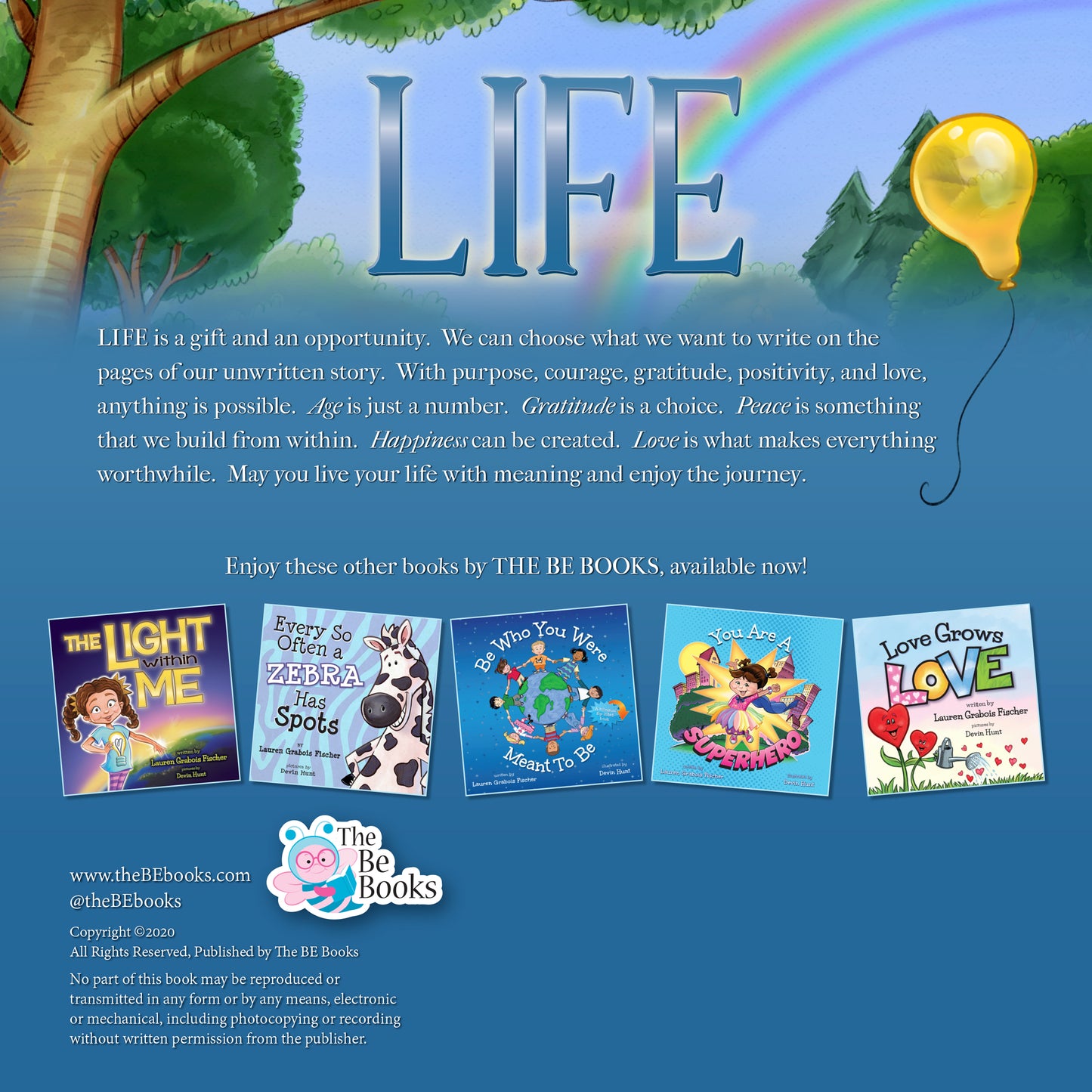Preview pages from 'Life' by Lauren Grabois Fischer, featuring heartfelt illustrations of family moments, an elderly man reflecting, and children enjoying the beach, celebrating the beauty and value of life's experiences