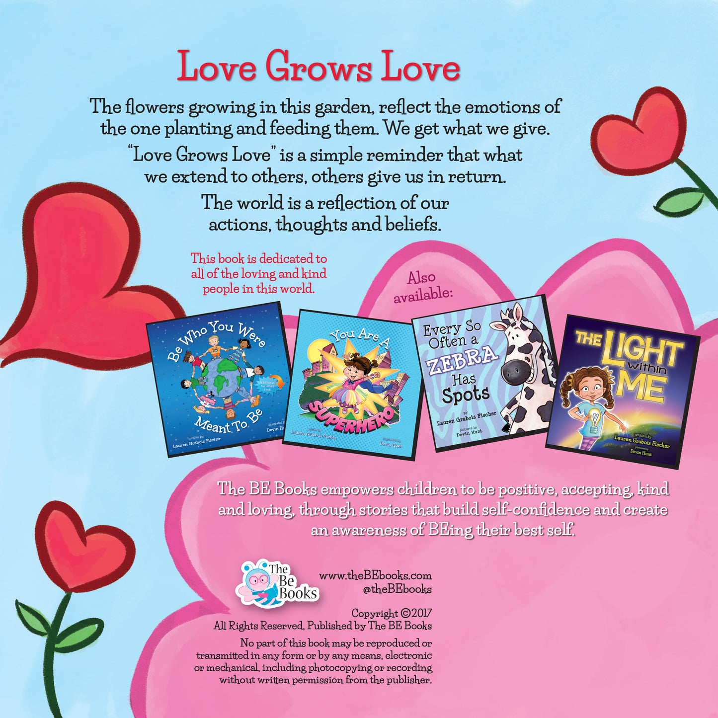 Preview page from 'Love Grows Love' by Lauren Grabois Fischer, featuring colorful illustrations of flowers labeled with emotions like kindness, fear, and excitement, teaching children about emotional growth and positivity