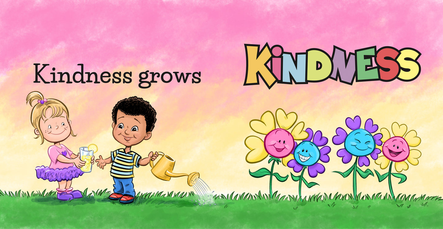 Preview page from 'Love Grows Love' by Lauren Grabois Fischer, featuring colorful illustrations of flowers labeled with emotions like kindness, fear, and excitement, teaching children about emotional growth and positivity