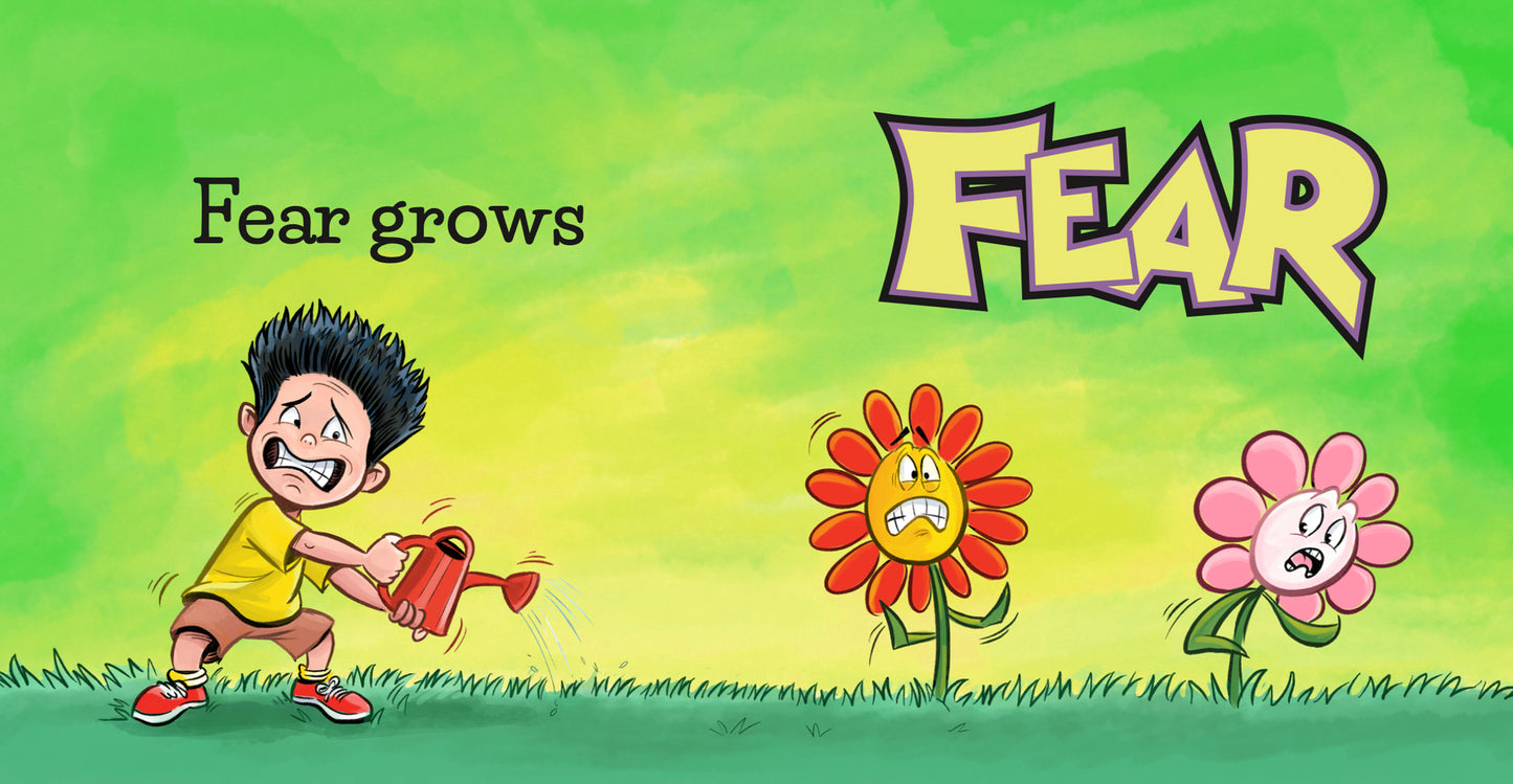 Preview page from 'Love Grows Love' by Lauren Grabois Fischer, featuring colorful illustrations of flowers labeled with emotions like kindness, fear, and excitement, teaching children about emotional growth and positivity