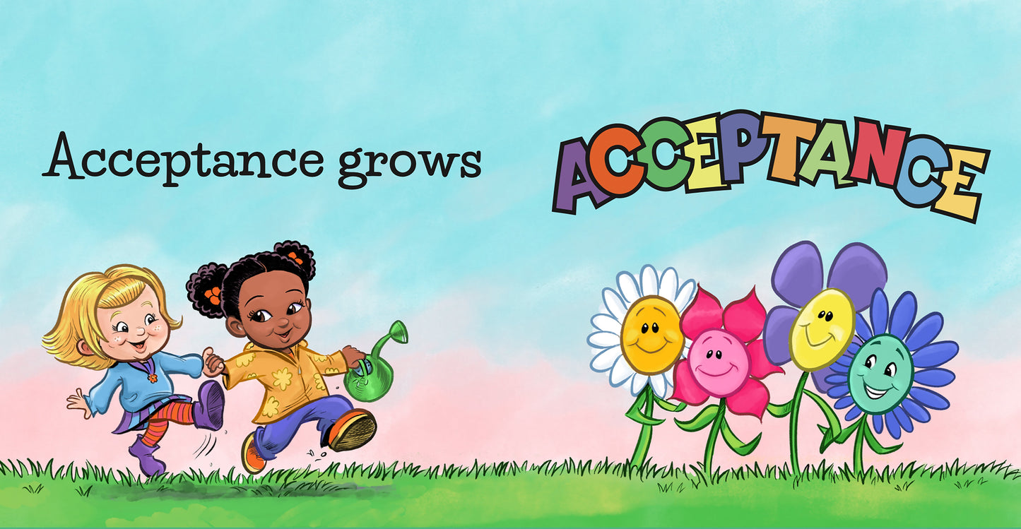 Preview page from 'Love Grows Love' by Lauren Grabois Fischer, featuring colorful illustrations of flowers labeled with emotions like kindness, fear, and excitement, teaching children about emotional growth and positivity