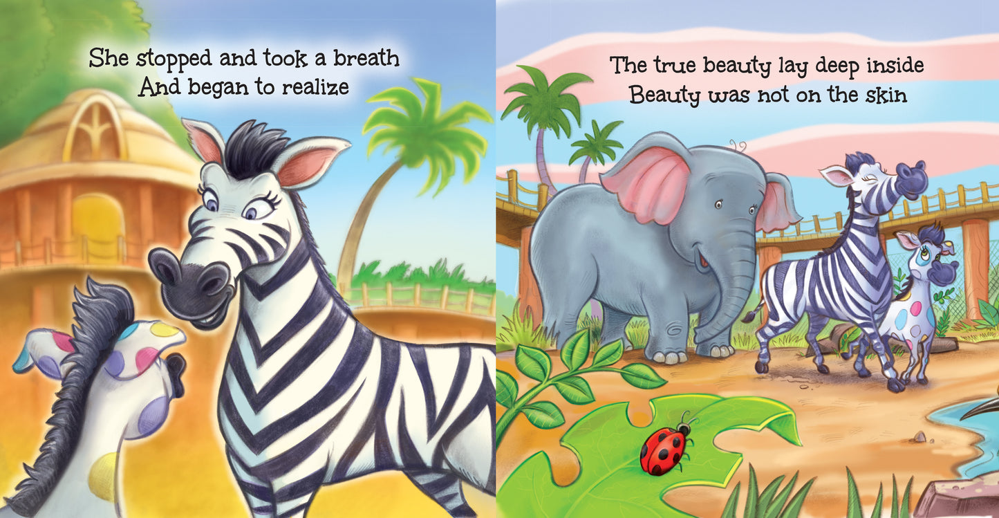 Preview page from 'The Zoo's Big News' by Lauren Grabois Fischer, featuring colorful illustrations of zoo animals like zebras, parrots, and elephants, promoting teamwork, communication, and friendship through a captivating story