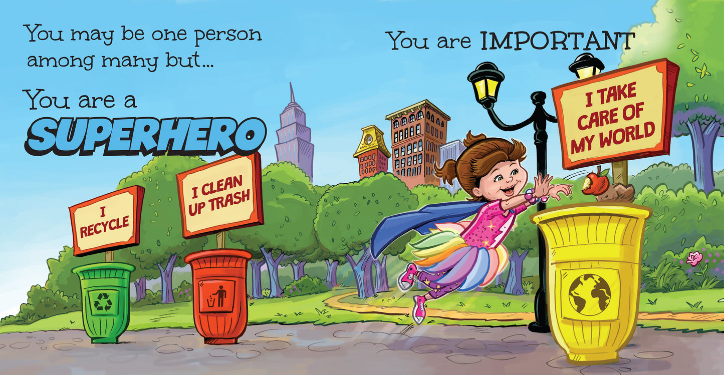 Preview page from 'You Are a Superhero' by Lauren Grabois Fischer, featuring vibrant illustrations of a girl in a superhero costume and empowering messages encouraging confidence, bravery, and self-belief in children