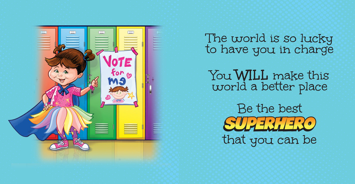 Preview page from 'You Are a Superhero' by Lauren Grabois Fischer, featuring vibrant illustrations of a girl in a superhero costume and empowering messages encouraging confidence, bravery, and self-belief in children