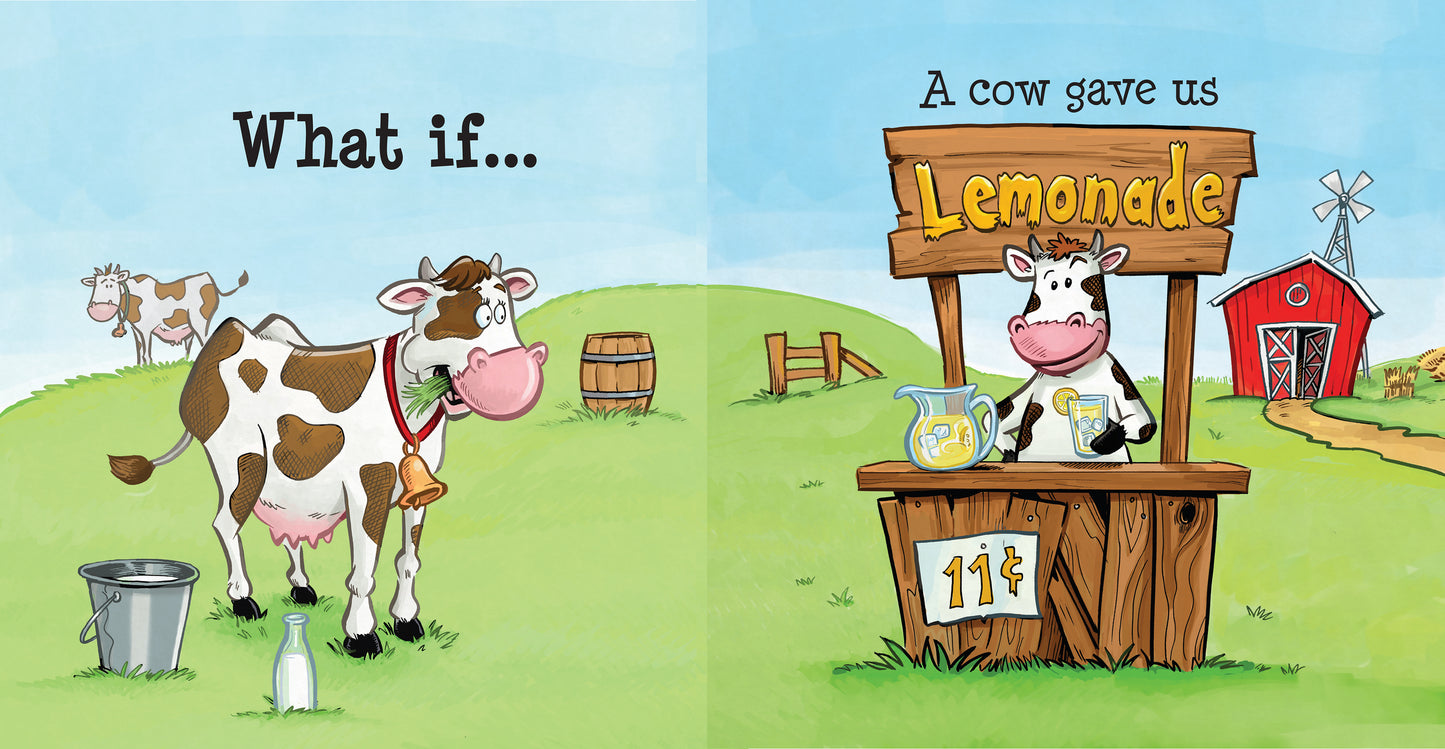 Preview pages from 'Every so often a Zebra has spots' by Lauren Grabois Fischer, featuring whimsical illustrations of bees, cows, and thoughtful scenarios, encouraging curiosity, kindness, and imagination in children