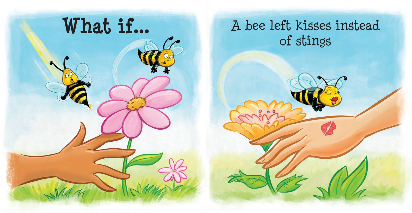 Preview pages from 'What If?' by Lauren Grabois Fischer, featuring whimsical illustrations of bees, cows, and thoughtful scenarios, encouraging curiosity, kindness, and imagination in children