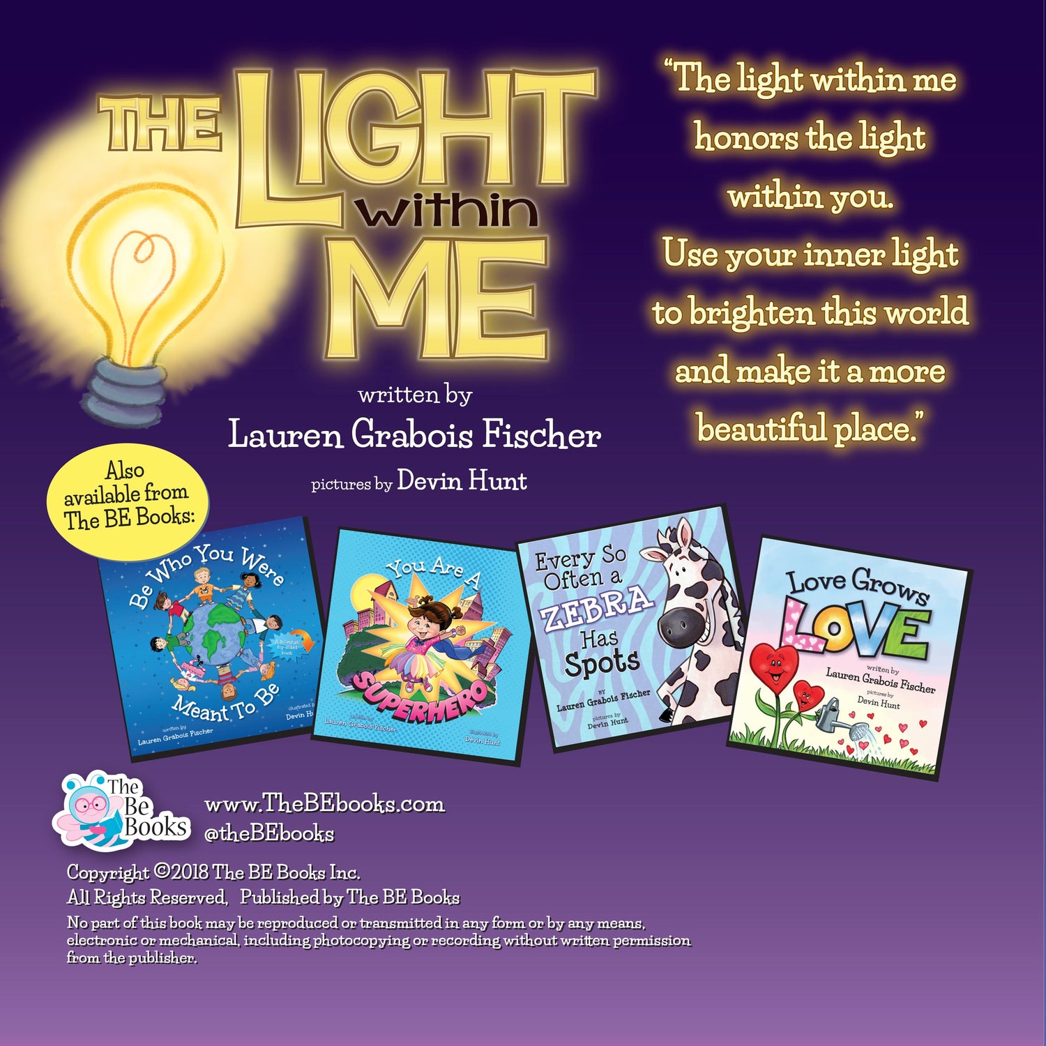 Preview page from 'The Light Within Me' by Lauren Grabois Fischer, featuring vibrant illustrations of children joining hands and glowing lights, promoting themes of self-awareness, unity, and inner strength